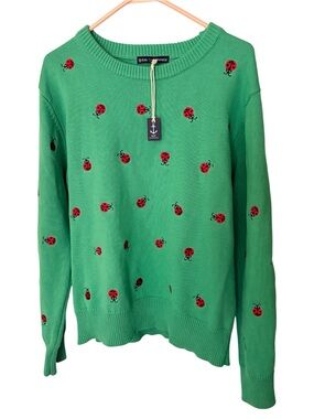 Kiel James Patrick Women’s Green Ladybug Embroidered Cotton Preppy Sweater Sz L
